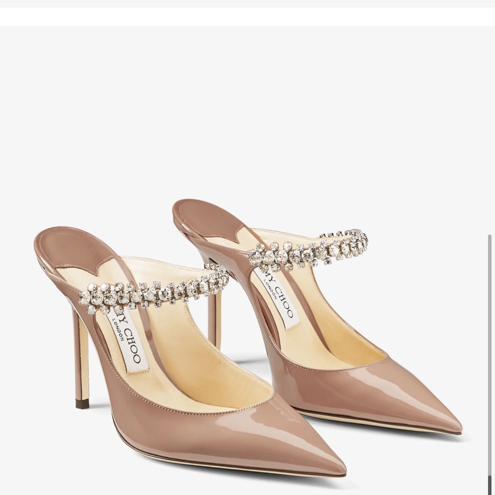 Jimmy Choo Bing 100 Ballet Pink Patent Leather Mules with Crystal Strap 41.5